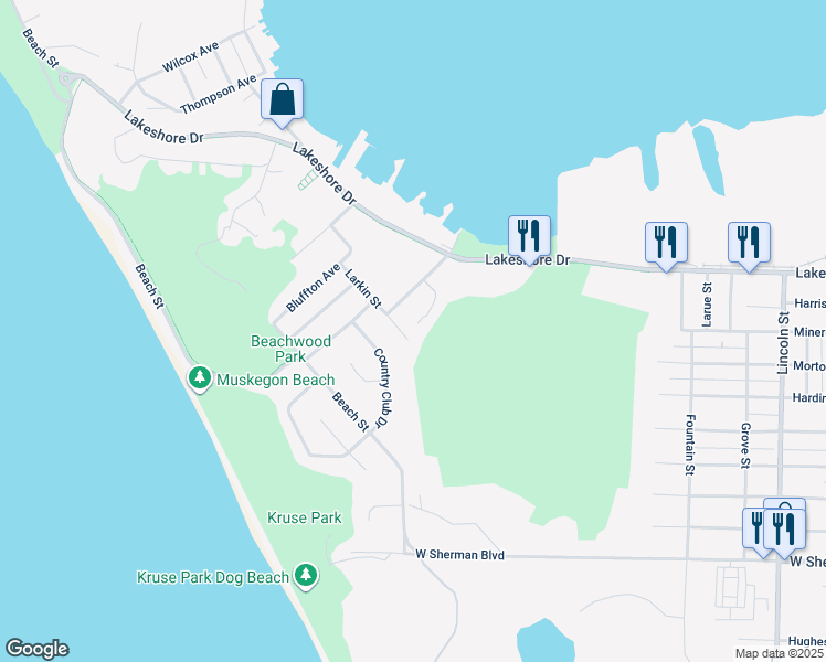 map of restaurants, bars, coffee shops, grocery stores, and more near in Muskegon