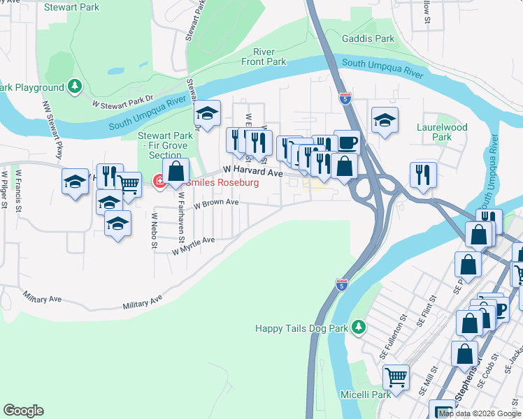 map of restaurants, bars, coffee shops, grocery stores, and more near 1112 Military Avenue in Roseburg