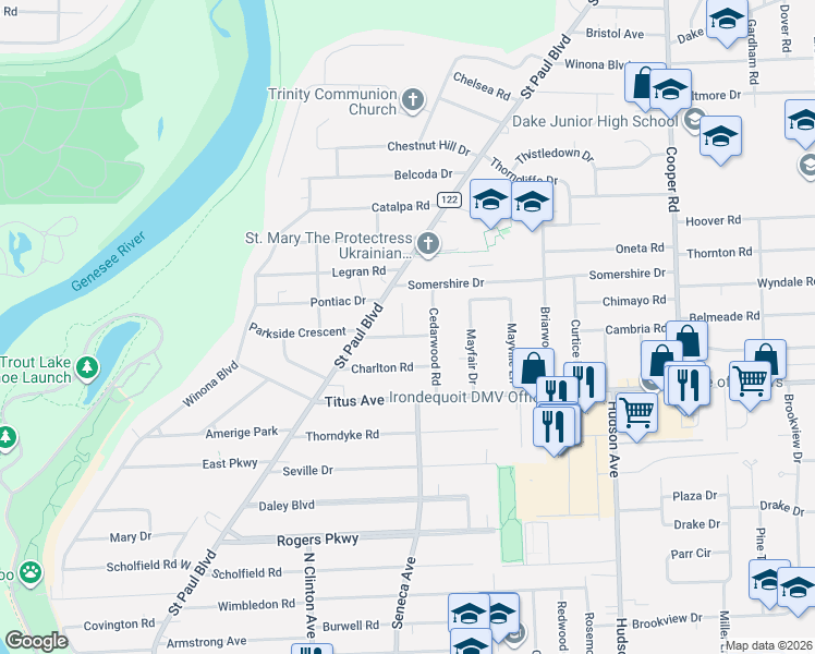 map of restaurants, bars, coffee shops, grocery stores, and more near 85 Hardison Road in Rochester