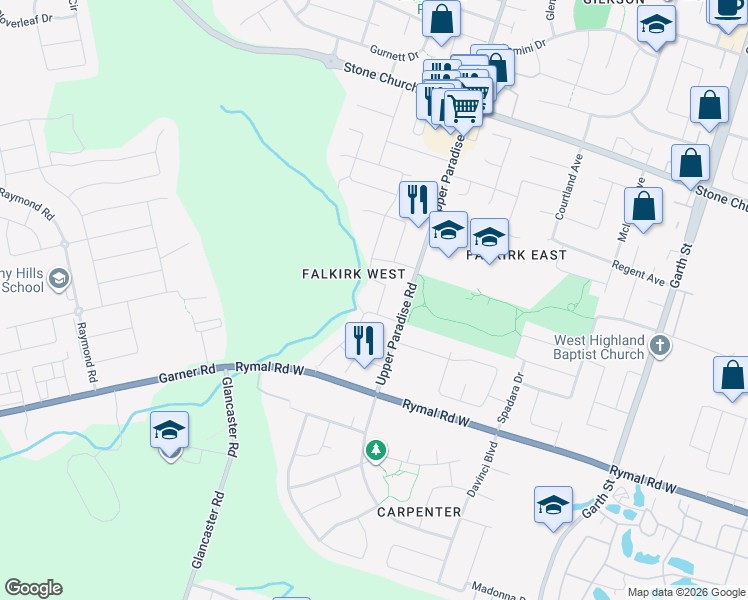 map of restaurants, bars, coffee shops, grocery stores, and more near 174 Edgehill Drive in Hamilton