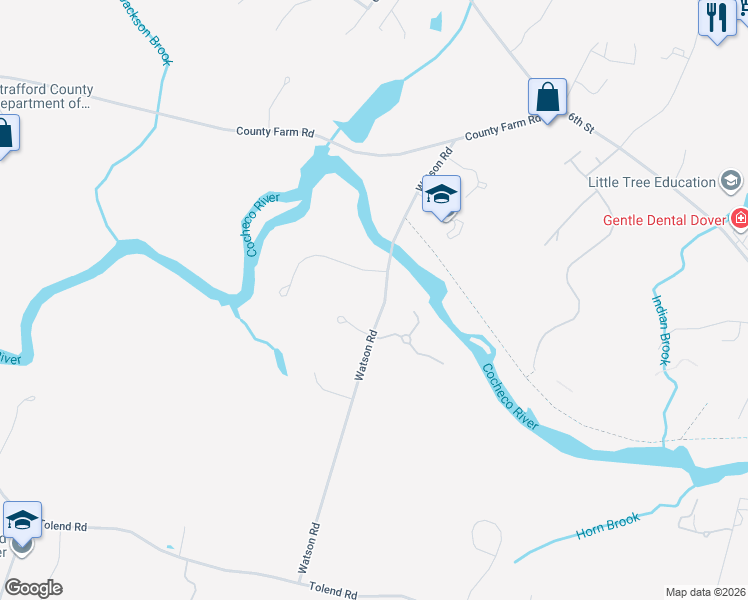 map of restaurants, bars, coffee shops, grocery stores, and more near 125 Watson Road in Dover