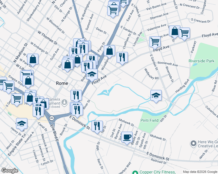 map of restaurants, bars, coffee shops, grocery stores, and more near 317 Cottage Street in Rome