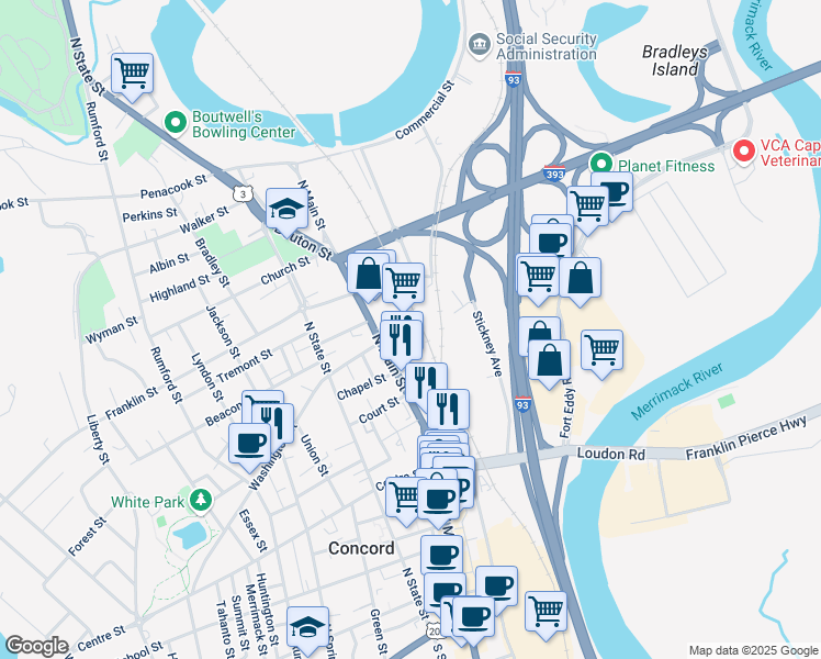 map of restaurants, bars, coffee shops, grocery stores, and more near 10 Ferry Street in Concord