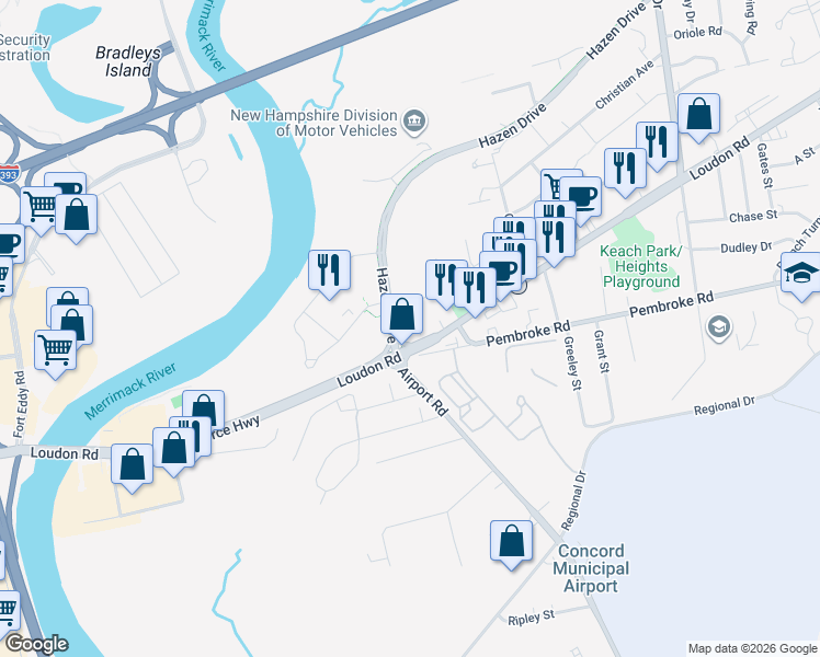 map of restaurants, bars, coffee shops, grocery stores, and more near Hazen Drive in Concord