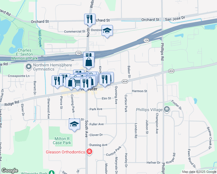 map of restaurants, bars, coffee shops, grocery stores, and more near 81 East Main Street in Webster