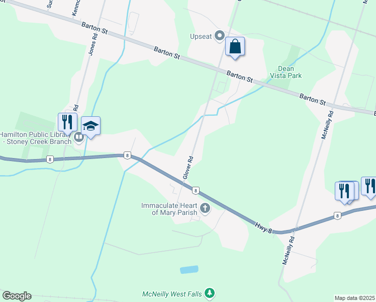 map of restaurants, bars, coffee shops, grocery stores, and more near 221 Glover Road in Hamilton
