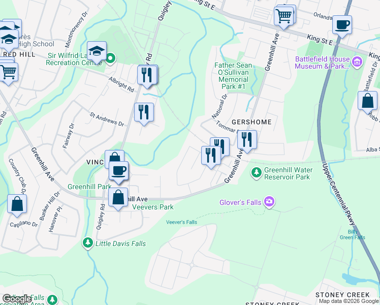map of restaurants, bars, coffee shops, grocery stores, and more near 11 Marcella Crescent in Hamilton