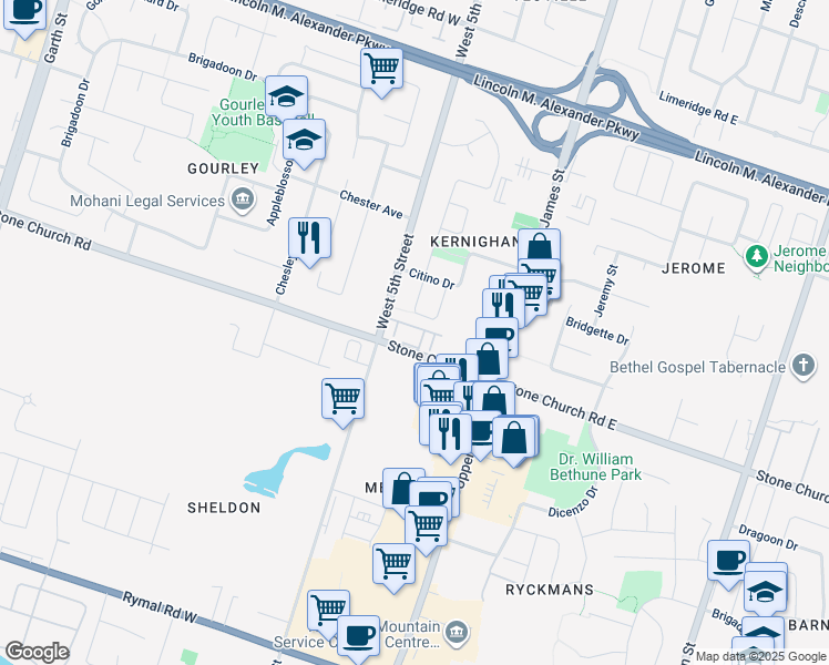 map of restaurants, bars, coffee shops, grocery stores, and more near 72 Stone Church Road West in Hamilton
