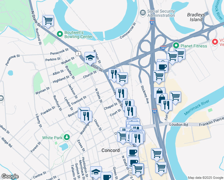map of restaurants, bars, coffee shops, grocery stores, and more near 177 North Main Street in Concord