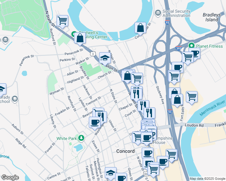 map of restaurants, bars, coffee shops, grocery stores, and more near 19 Pearl Street in Concord