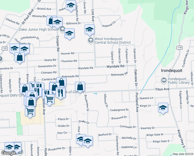 map of restaurants, bars, coffee shops, grocery stores, and more near 222 Hedgegarth Drive in Rochester