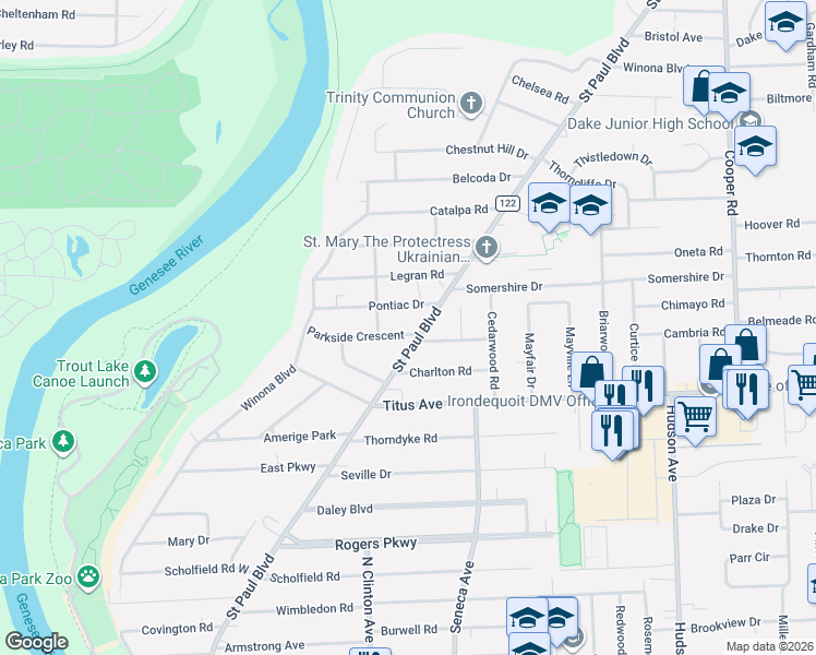 map of restaurants, bars, coffee shops, grocery stores, and more near 3035 Saint Paul Boulevard in Rochester