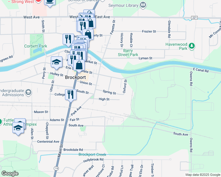 map of restaurants, bars, coffee shops, grocery stores, and more near 48 Spring Street in Brockport