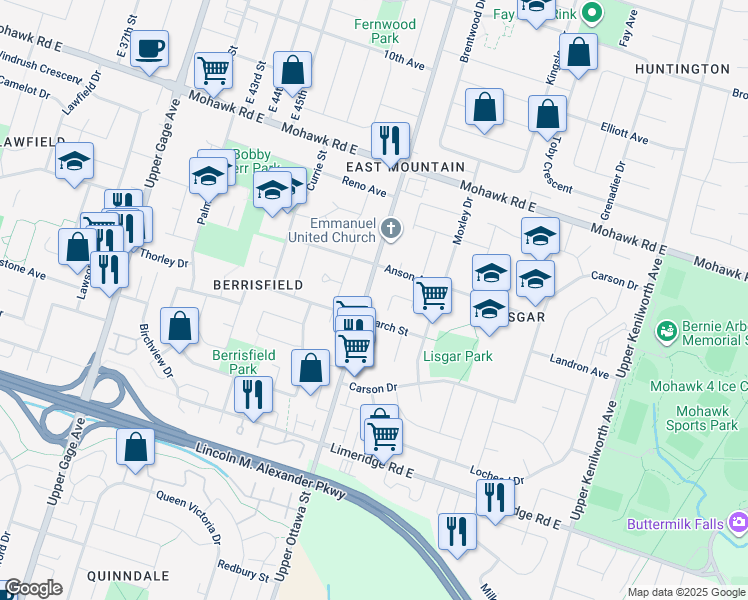 map of restaurants, bars, coffee shops, grocery stores, and more near 207 Larch Street in Hamilton