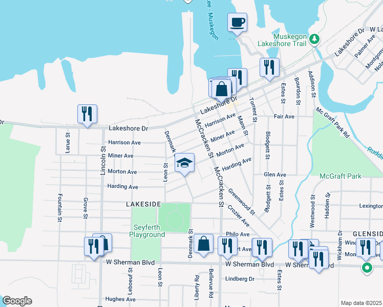 map of restaurants, bars, coffee shops, grocery stores, and more near 2084 Morton Avenue in Muskegon