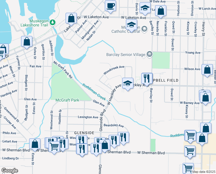 map of restaurants, bars, coffee shops, grocery stores, and more near 2125 Rosewood Lane in Muskegon