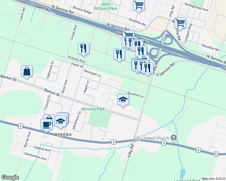 map of restaurants, bars, coffee shops, grocery stores, and more near in Hamilton