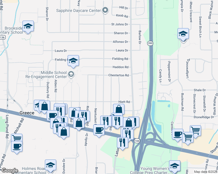 map of restaurants, bars, coffee shops, grocery stores, and more near 218 Newton Road in Rochester