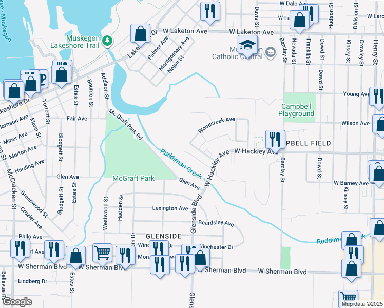 map of restaurants, bars, coffee shops, grocery stores, and more near 1421 Creek Drive in Muskegon