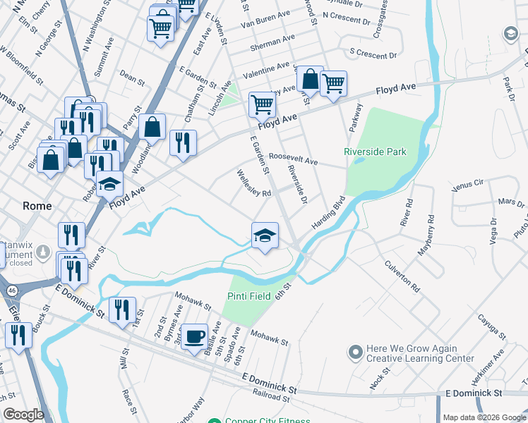 map of restaurants, bars, coffee shops, grocery stores, and more near 600 East Bloomfield Street in Rome