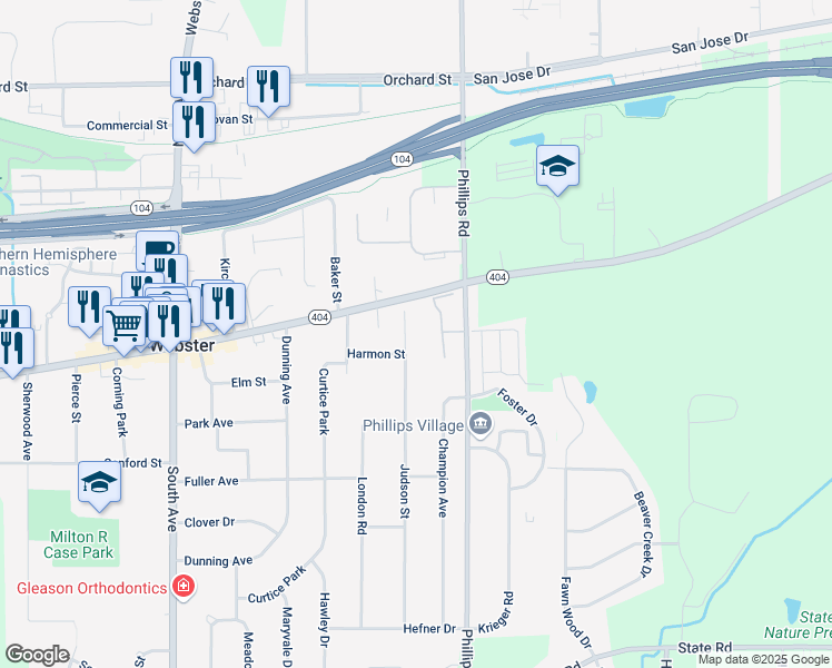 map of restaurants, bars, coffee shops, grocery stores, and more near 110 Judson Street in Webster