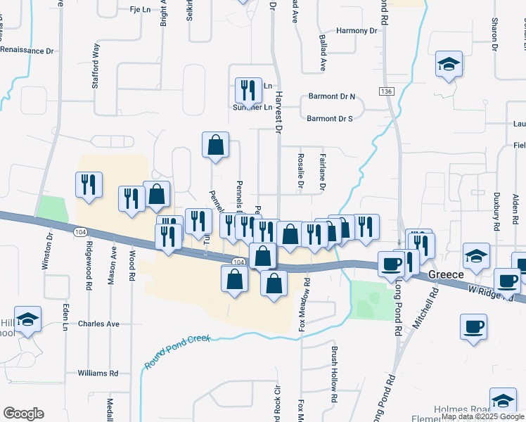 map of restaurants, bars, coffee shops, grocery stores, and more near 106 Pepperidge Drive in Rochester