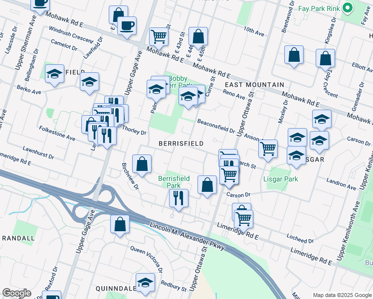 map of restaurants, bars, coffee shops, grocery stores, and more near 38 Larch Street in Hamilton