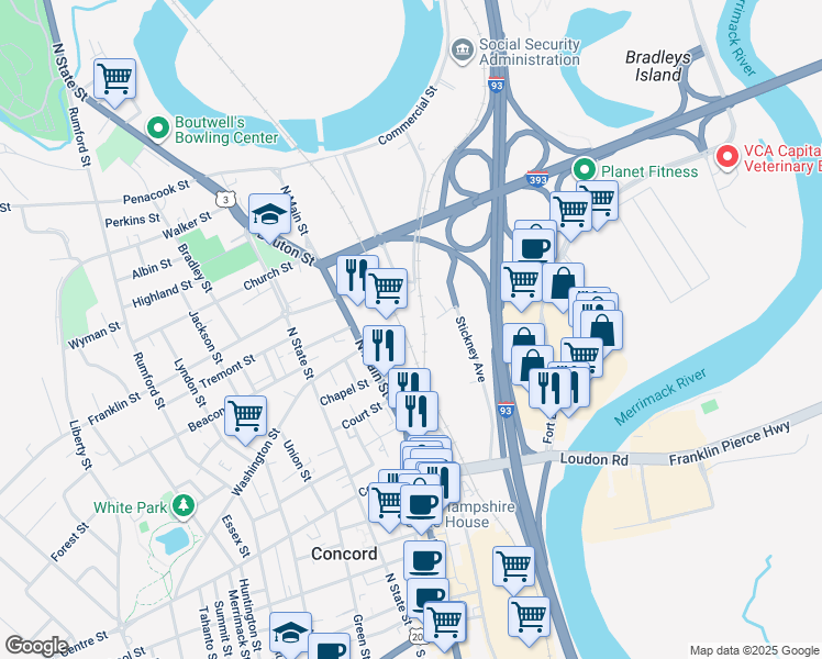 map of restaurants, bars, coffee shops, grocery stores, and more near 29 Stickney Avenue in Concord