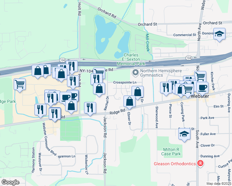 map of restaurants, bars, coffee shops, grocery stores, and more near 1109 Coralhurst Court in Webster