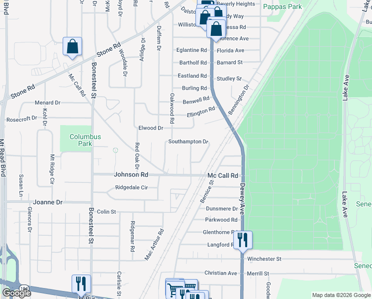 map of restaurants, bars, coffee shops, grocery stores, and more near 46 Lyncrest Drive in Rochester