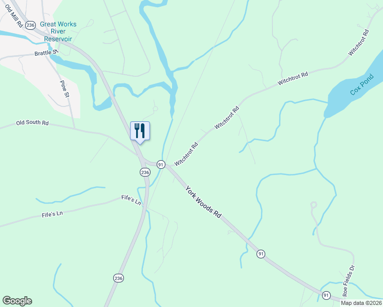 map of restaurants, bars, coffee shops, grocery stores, and more near 12 Witchtrot Road in South Berwick