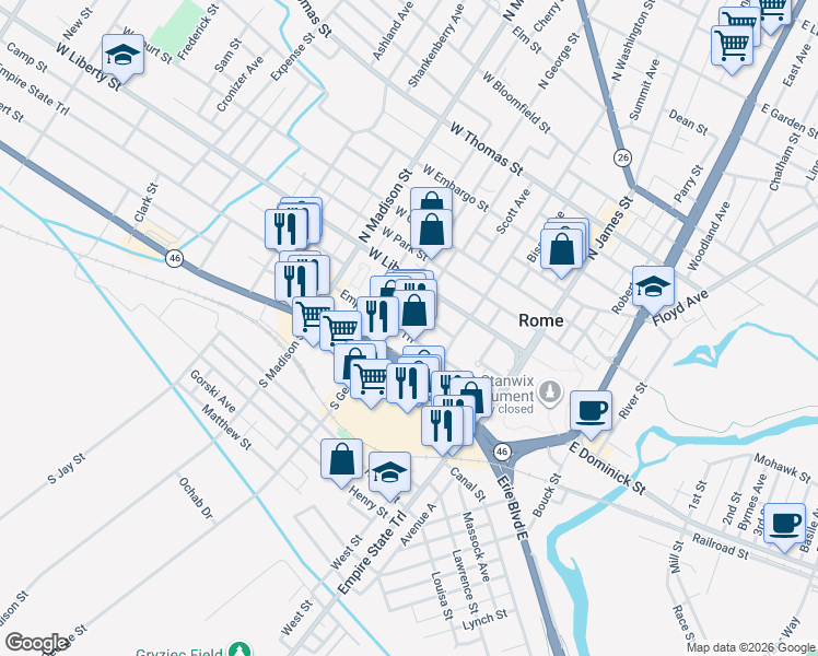 map of restaurants, bars, coffee shops, grocery stores, and more near 14 West Dominick Street in Rome