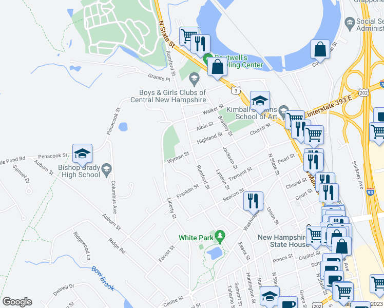 map of restaurants, bars, coffee shops, grocery stores, and more near 123 Rumford Street in Concord