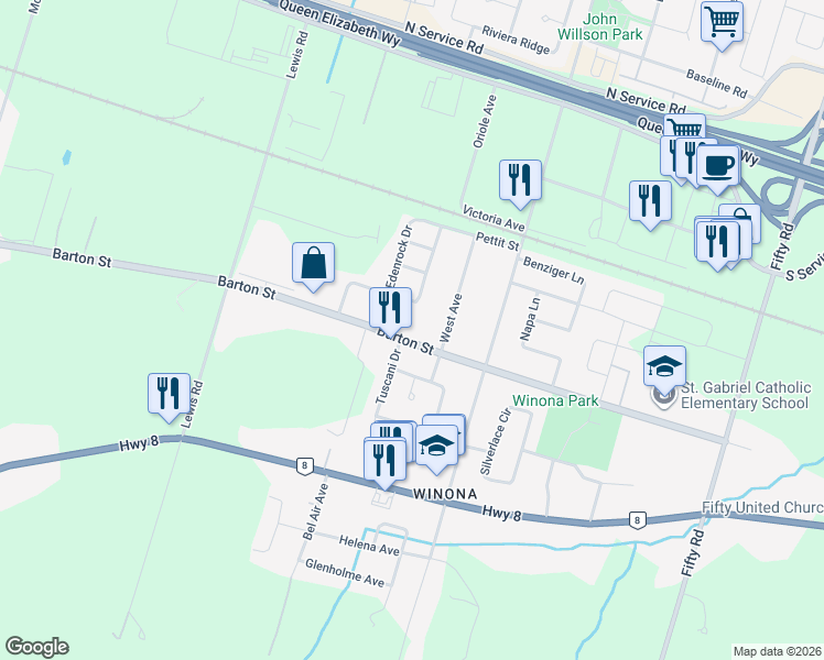 map of restaurants, bars, coffee shops, grocery stores, and more near 1235 Barton Street in Hamilton
