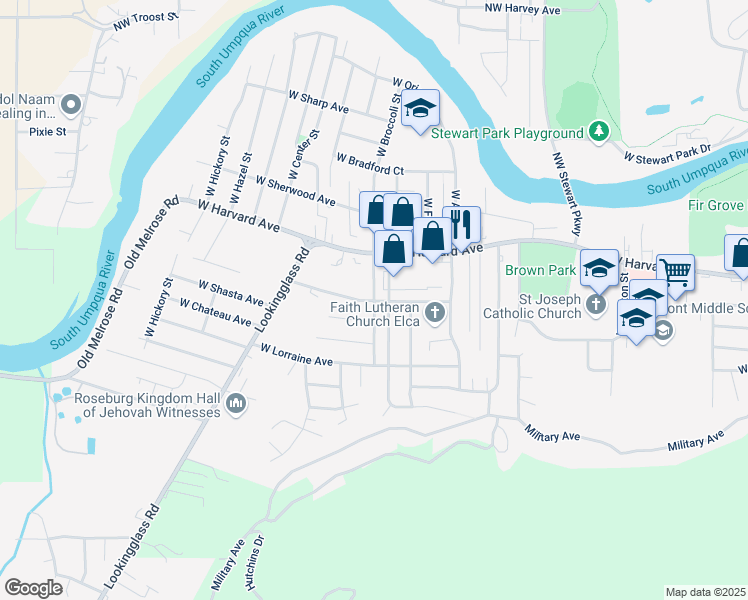 map of restaurants, bars, coffee shops, grocery stores, and more near 699 West Broccoli Street in Roseburg