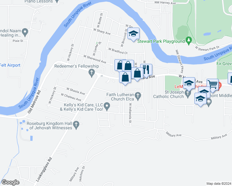 map of restaurants, bars, coffee shops, grocery stores, and more near 2724 West Jay Avenue in Roseburg