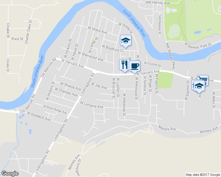 map of restaurants, bars, coffee shops, grocery stores, and more near 2726 West Jay Avenue in Roseburg