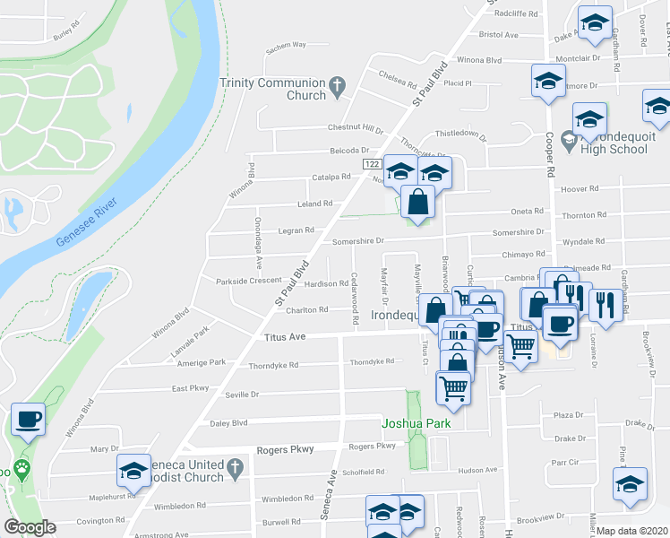 map of restaurants, bars, coffee shops, grocery stores, and more near 22 Elgrove Road in Rochester