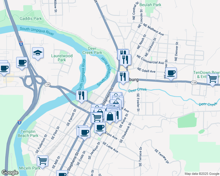 map of restaurants, bars, coffee shops, grocery stores, and more near 700 Southeast Douglas Avenue in Roseburg