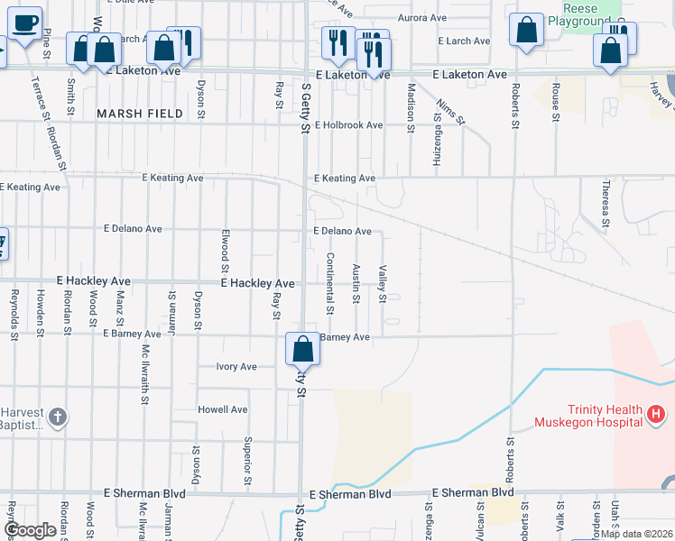 map of restaurants, bars, coffee shops, grocery stores, and more near 2210 Continental Street in Muskegon