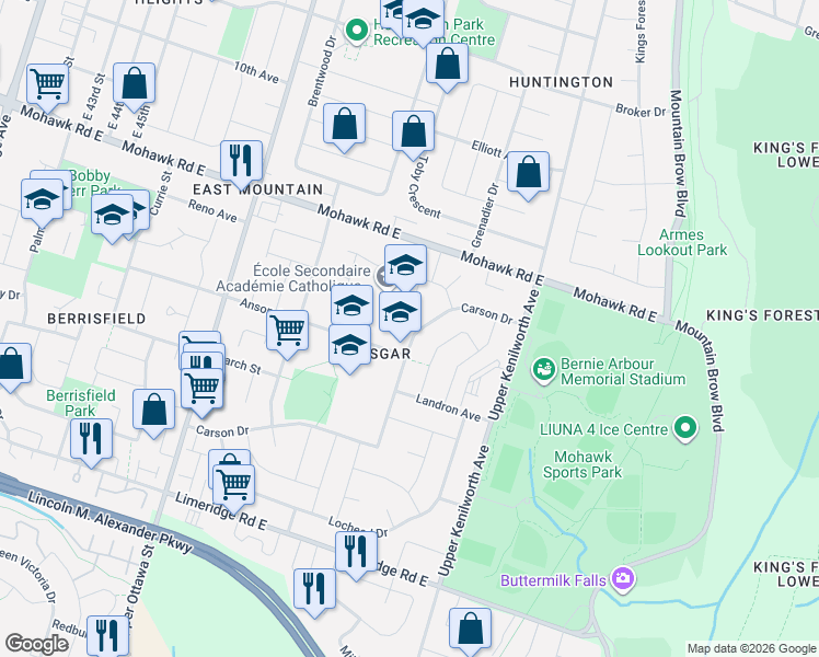 map of restaurants, bars, coffee shops, grocery stores, and more near 271 Carson Drive in Hamilton