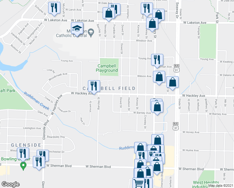 map of restaurants, bars, coffee shops, grocery stores, and more near 991 West Hackley Avenue in Muskegon