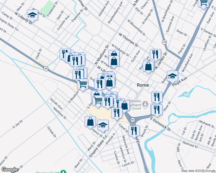 map of restaurants, bars, coffee shops, grocery stores, and more near 14-298 West Dominick Street in Rome