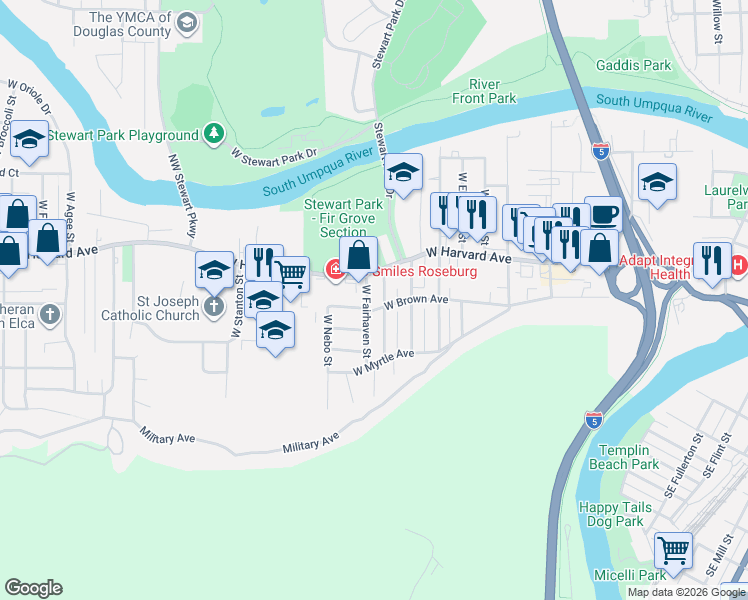 map of restaurants, bars, coffee shops, grocery stores, and more near 729 West Union Street in Roseburg