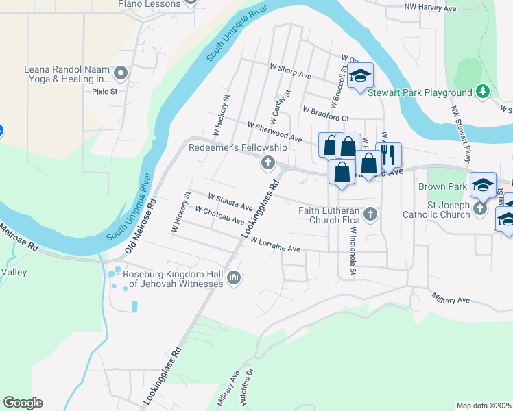 map of restaurants, bars, coffee shops, grocery stores, and more near 863 Lookingglass Road in Roseburg