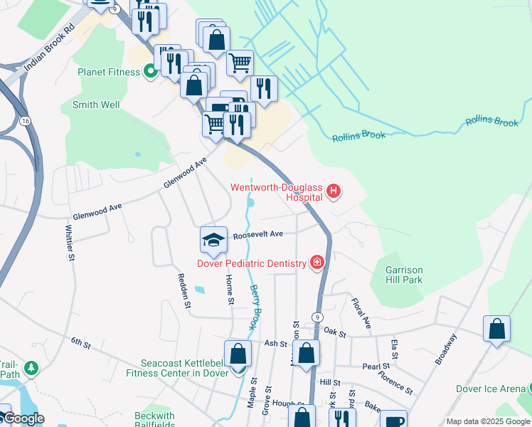 map of restaurants, bars, coffee shops, grocery stores, and more near 11 Roosevelt Avenue in Dover