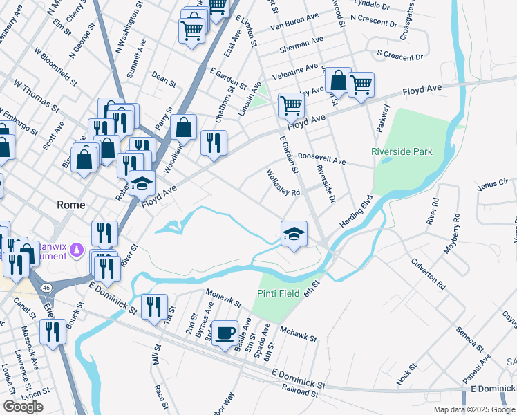 map of restaurants, bars, coffee shops, grocery stores, and more near 502 East Bloomfield Street in Rome