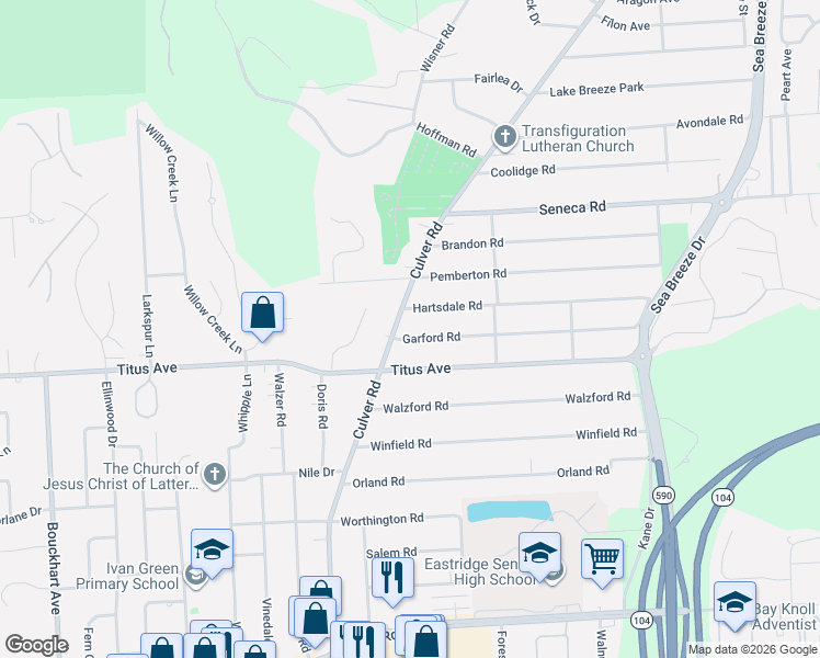 map of restaurants, bars, coffee shops, grocery stores, and more near 2092 Titus Avenue in Rochester