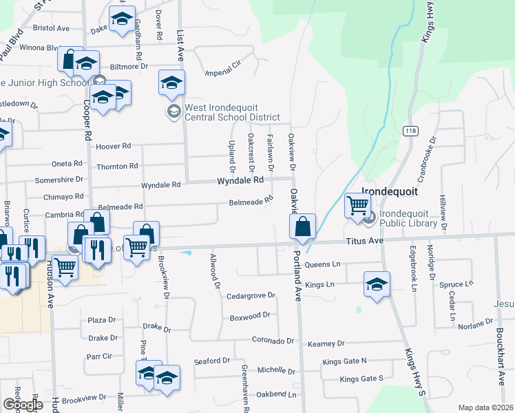map of restaurants, bars, coffee shops, grocery stores, and more near 147 North Ridgelawn Drive in Rochester