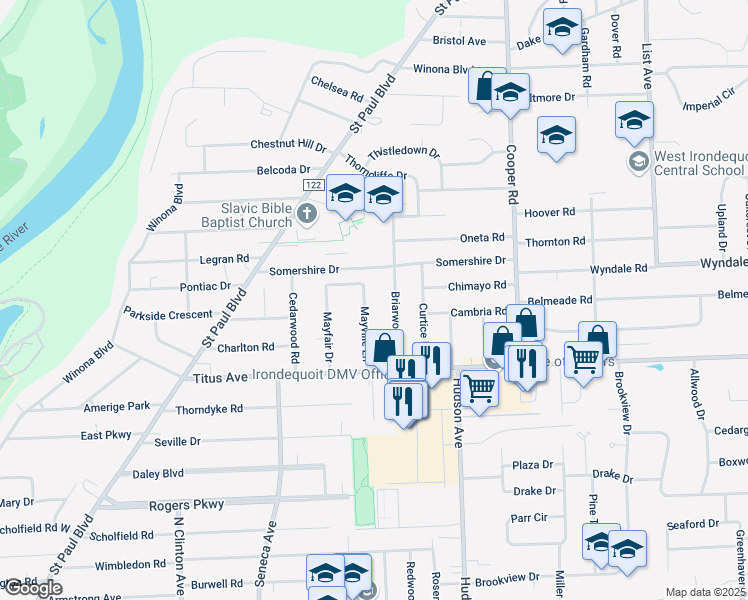 map of restaurants, bars, coffee shops, grocery stores, and more near 67 Briarwood Drive in Rochester